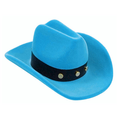 Regnbuefarvede øreringe i blå cowboyhat smykkeæske